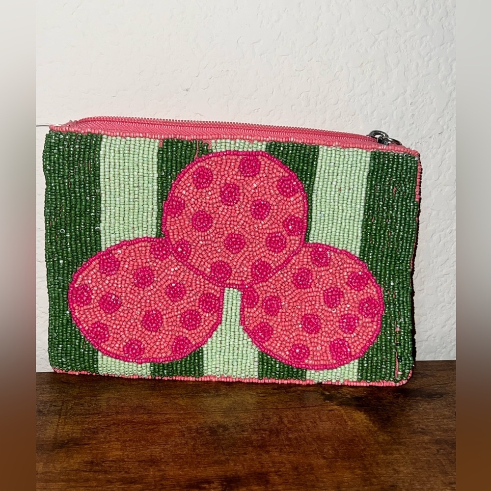 Pink & Green Beaded Zip Pouch